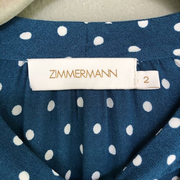 ZIMMERMAN Top Blouse Women’s 2/M Teal Polka Dot Tie Neck Ruffle Sleeve Boho Chic - Picture 4 of 14